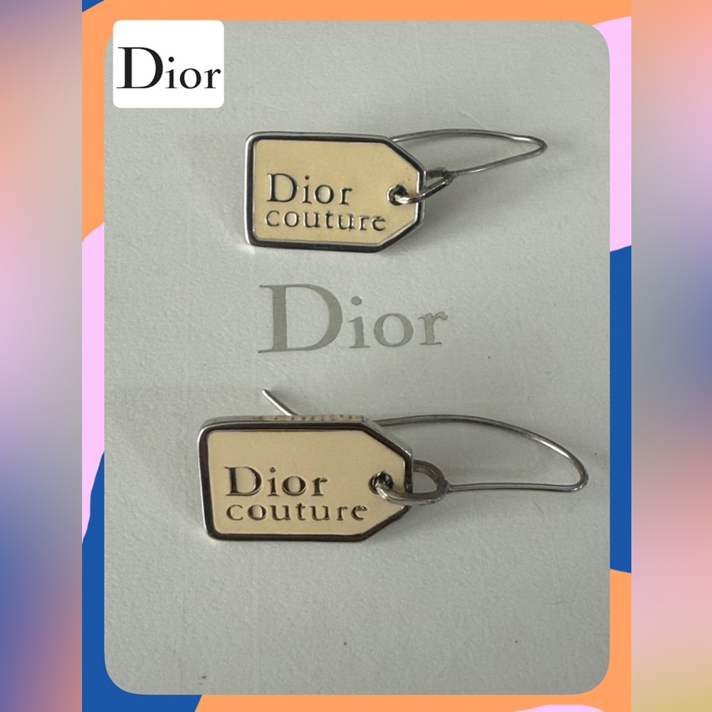 DIOR Enamel Logo Plate Silver Tone Drop Earrings